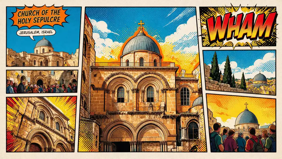 Pop-Art-Comic von Grabeskirche Jerusalem in Jerusalem, Israel mit Rasterpunkten