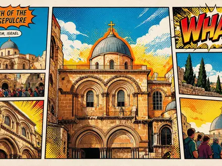 Pop-Art-Comicillustration des Wahrzeichens Grabeskirche Jerusalem in Jerusalem Israel, kraeftige Konturen Rasterpunkte und satte Farben - Foto: THN
