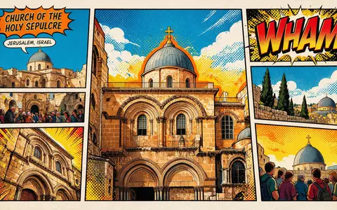 Pop-Art-Comicillustration des Wahrzeichens Grabeskirche Jerusalem in Jerusalem Israel, kraeftige Konturen Rasterpunkte und satte Farben - Foto: THN