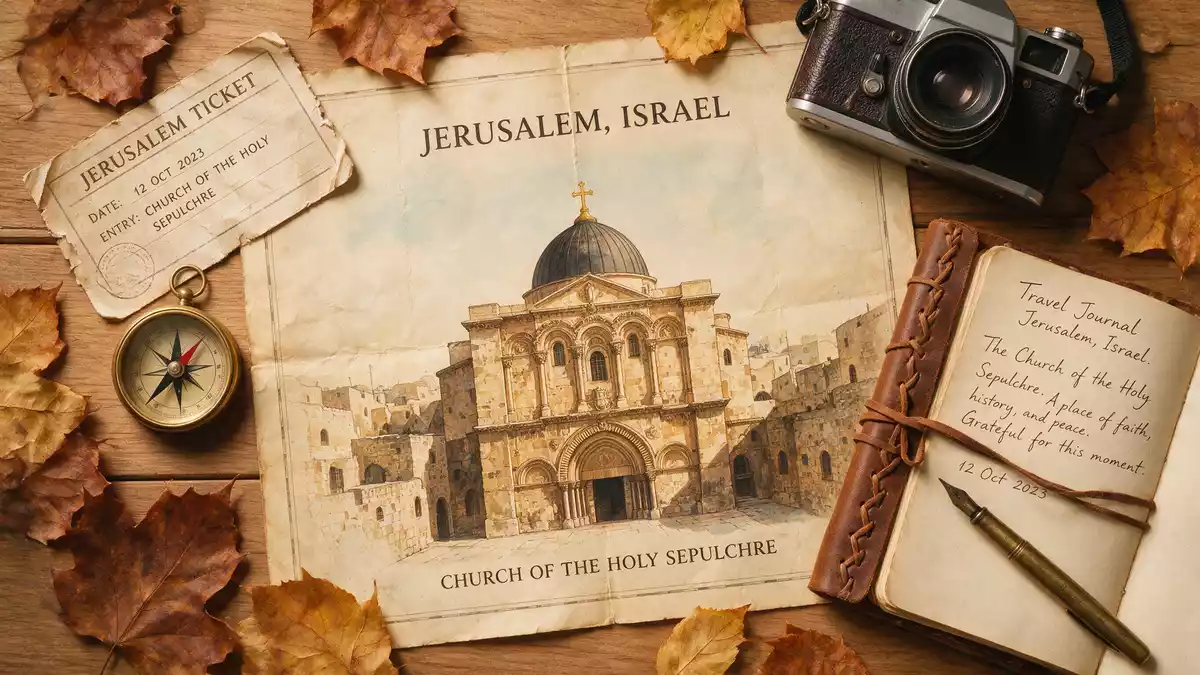 Flatlay-Reise-Arrangement rund um Grabeskirche Jerusalem in Jerusalem, Israel