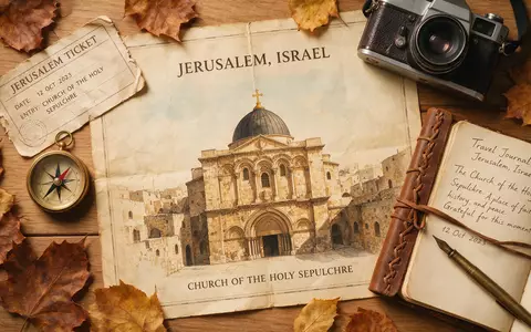 Flatlay-Reise-Arrangement rund um Grabeskirche Jerusalem in Jerusalem Israel, Karte Kompass Kamera und generische Reiserequisiten - Foto: THN