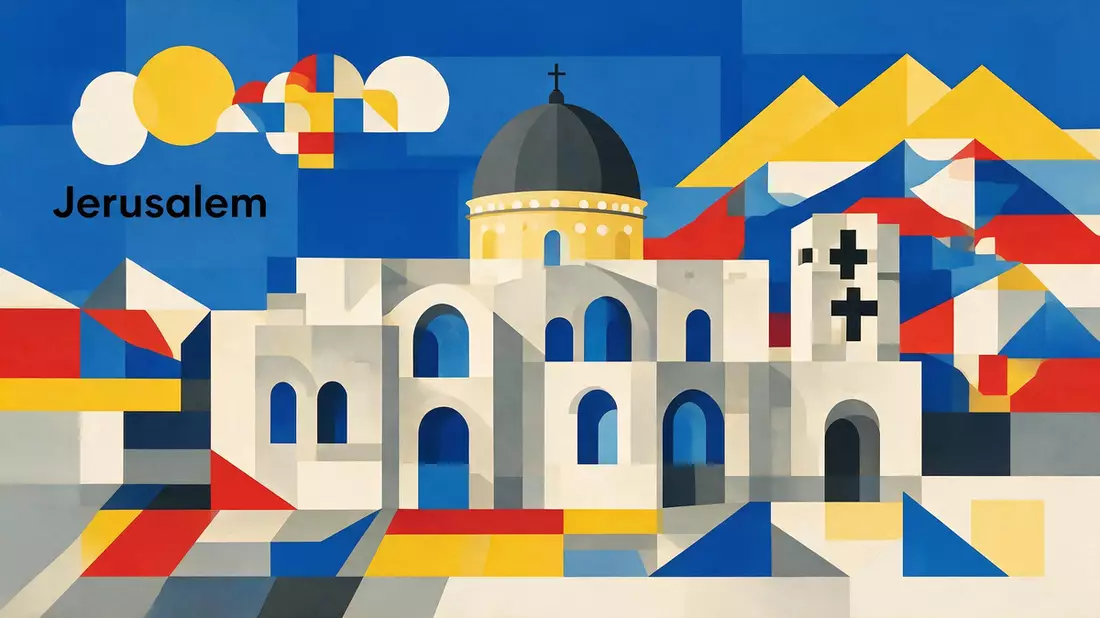 Bauhaus-Poster als Abstraktion von Grabeskirche Jerusalem in Jerusalem, Israel