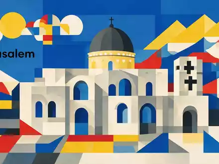 Bauhaus-Poster als geometrische Abstraktion von Grabeskirche Jerusalem in Jerusalem Israel, kraeftige Grundfarben und harte Formkanten - Foto: THN