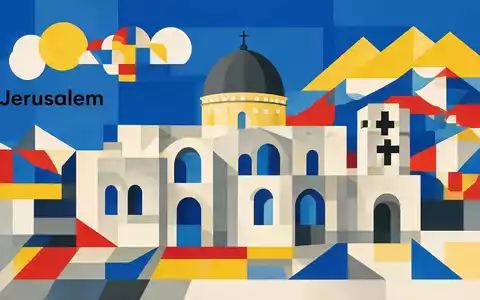 Bauhaus-Poster als geometrische Abstraktion von Grabeskirche Jerusalem in Jerusalem Israel, kraeftige Grundfarben und harte Formkanten - Foto: THN