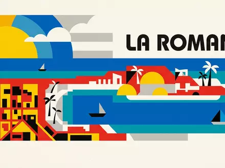 Bauhaus-Poster als geometrische Abstraktion von Saona-Insel in La Romana Dominikanische Republik, kraeftige Grundfarben und harte - Foto: THN