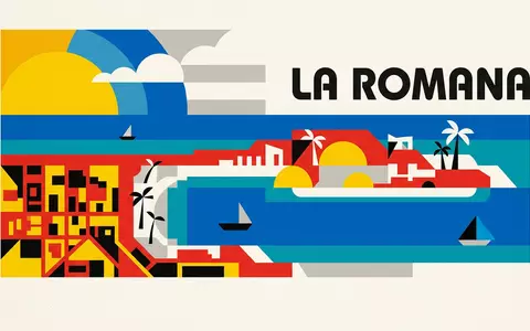 Bauhaus-Poster als geometrische Abstraktion von Saona-Insel in La Romana Dominikanische Republik, kraeftige Grundfarben und harte - Foto: THN