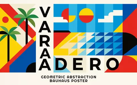 Bauhaus-Poster als geometrische Abstraktion von Varadero in Varadero Kuba, kraeftige Grundfarben und harte Formkanten - Foto: THN