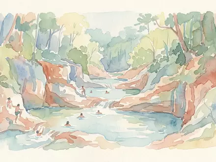 Aquarellillustration des Wahrzeichens 27 Wasserfalle von Damajagua in Puerto Plata Dominikanische Republik, weiche Farbverläufe und - Foto: THN