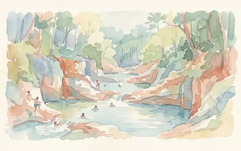 Aquarellillustration des Wahrzeichens 27 Wasserfalle von Damajagua in Puerto Plata Dominikanische Republik, weiche Farbverläufe und - Foto: THN