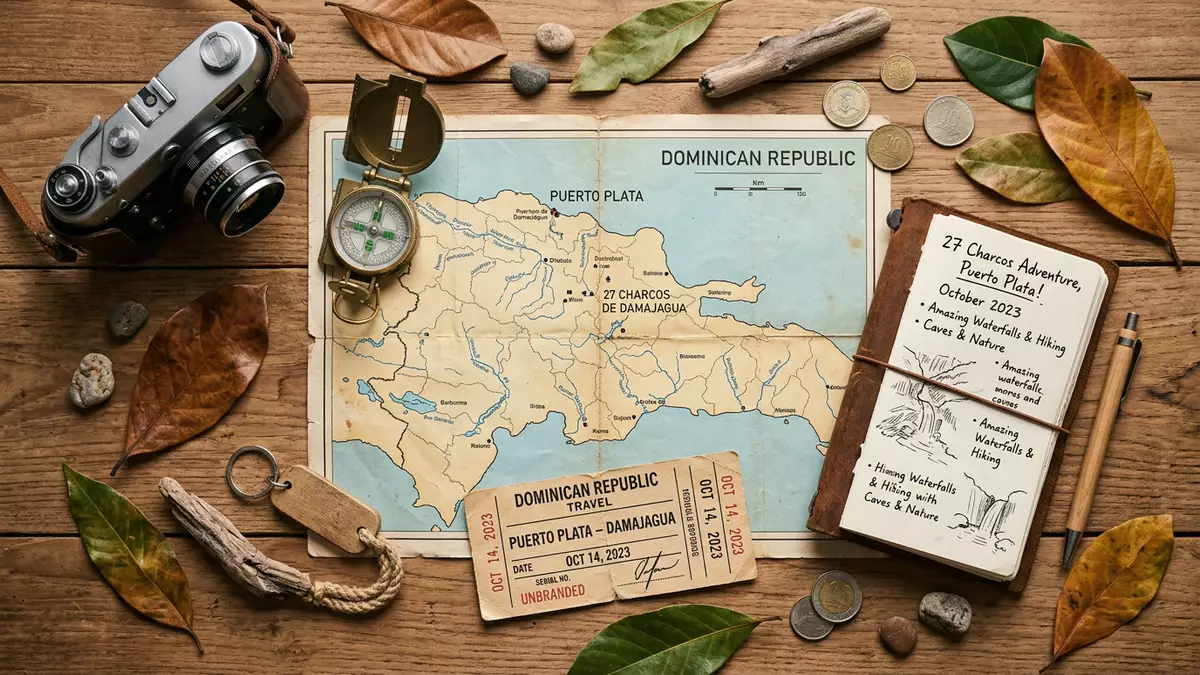 Flatlay-Reise-Arrangement rund um 27 Wasserfalle von Damajagua in Puerto Plata, Dominikanisc…