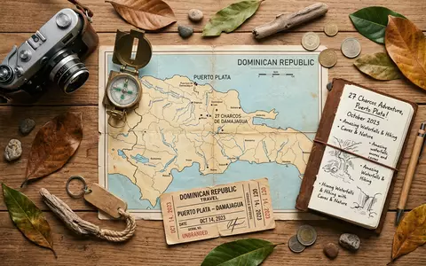 Flatlay-Reise-Arrangement rund um 27 Wasserfalle von Damajagua in Puerto Plata Dominikanische Republik, Karte Kompass Kamera - Foto: THN