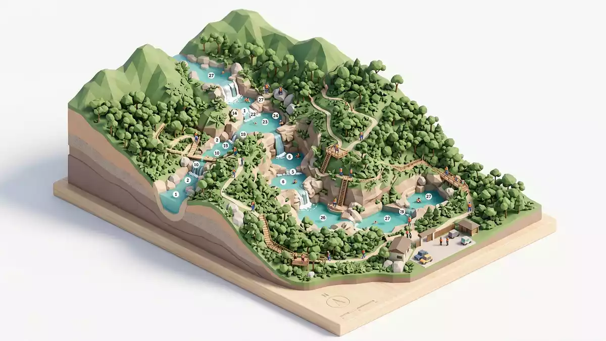 Isometrisches Diorama von 27 Wasserfalle von Damajagua in Puerto Plata, Dominikanische Repub…