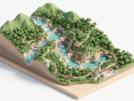 Isometrisches Diorama von 27 Wasserfalle von Damajagua und Umgebung in Puerto Plata Dominikanische Republik, verspielte - Foto: THN