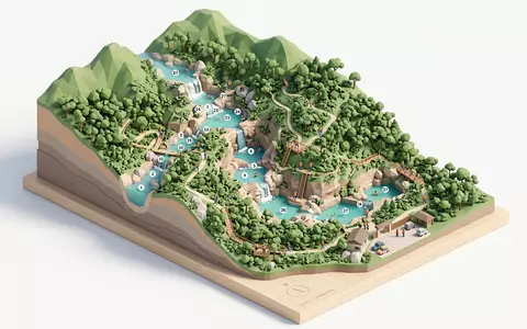 Isometrisches Diorama von 27 Wasserfalle von Damajagua und Umgebung in Puerto Plata Dominikanische Republik, verspielte - Foto: THN