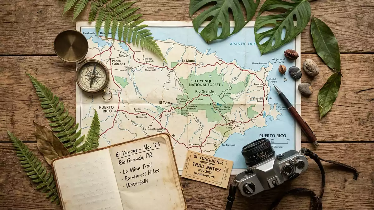 Flatlay-Reise-Arrangement rund um El-Yunque-Nationalwald in Rio Grande, Puerto Rico