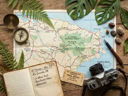 Flatlay-Reise-Arrangement rund um El-Yunque-Nationalwald in Rio Grande Puerto Rico, Karte Kompass Kamera und generische Reiserequisiten - Foto: THN