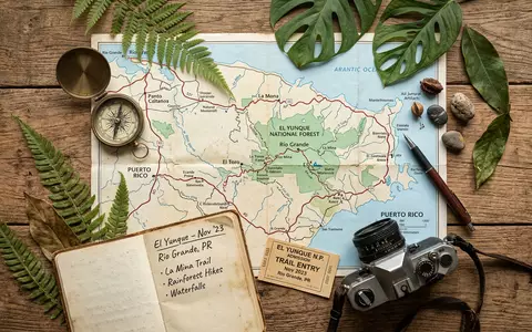 Flatlay-Reise-Arrangement rund um El-Yunque-Nationalwald in Rio Grande Puerto Rico, Karte Kompass Kamera und generische Reiserequisiten - Foto: THN