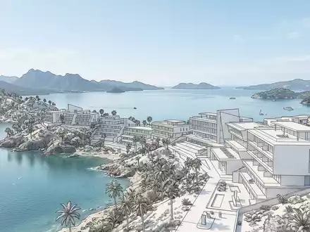 Moderner Architektur-Render zeigt Silhouette von Samana-Bucht in Samana Dominikanische Republik, klare Linien und neutrales Tageslicht - Foto: THN