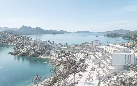 Moderner Architektur-Render zeigt Silhouette von Samana-Bucht in Samana Dominikanische Republik, klare Linien und neutrales Tageslicht - Foto: THN