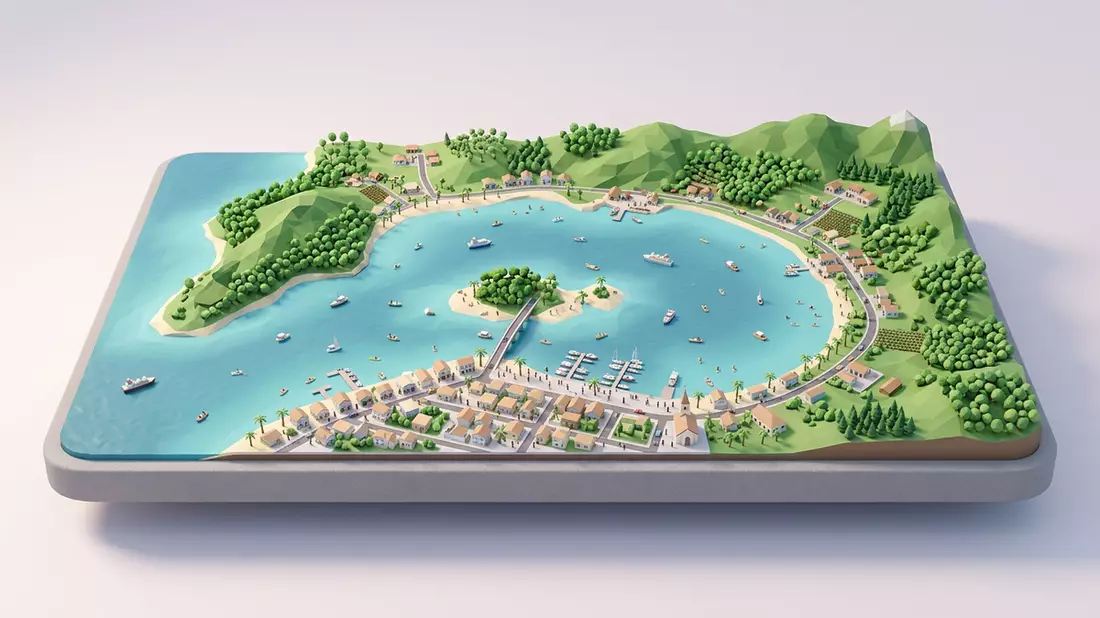 Isometrisches Diorama von Samana-Bucht in Samana, Dominikanische Republik in Pastell