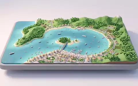 Isometrisches Diorama von Samana-Bucht und Umgebung in Samana Dominikanische Republik, verspielte Low-Poly-Kulisse in Pastellfarben - Foto: THN