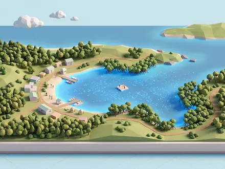 Isometrisches Diorama von Vieques Biobucht und Umgebung in Vieques Puerto Rico, verspielte Low-Poly-Kulisse in Pastellfarben - Foto: THN