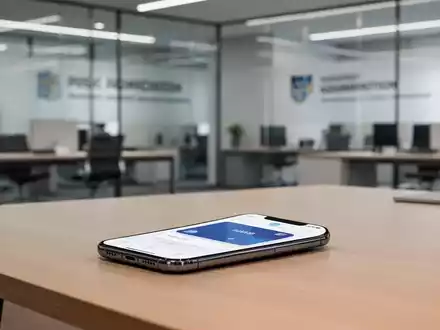 Ein Smartphone mit einer digitalen Zahlungsoberfläche auf einem modernen Schreibtisch in einer Behörde. - Foto: über boerse-global.de