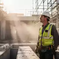 Bauarbeiter auf einer sonnigen Baustelle bei extremer Hitze, im Hintergrund Gerüste und Betonstrukturen. - Foto: über boerse-global.de