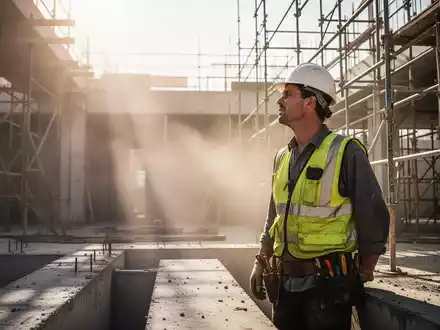 Bauarbeiter auf einer sonnigen Baustelle bei extremer Hitze, im Hintergrund Gerüste und Betonstrukturen. - Foto: über boerse-global.de