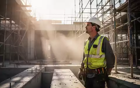 Bauarbeiter auf einer sonnigen Baustelle bei extremer Hitze, im Hintergrund Gerüste und Betonstrukturen. - Foto: über boerse-global.de