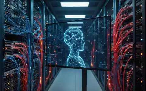 Hochtechnologischer Serverraum mit leuchtenden Glasfaserkabeln und digitaler KI-Neuronalnetz-Oberfläche auf dunklem Bildschirm. - Foto: über boerse-global.de