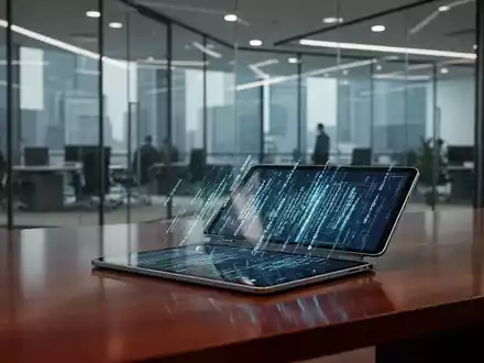 Ein moderner, steriler Bürokomplex mit einem Tablet, das abstrakten Programmcode zeigt, als Symbol für einen Rechtsstreit. - Foto: über boerse-global.de