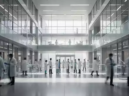 Modernes Atrium eines Forschungsgebäudes mit minimalistischer Architektur und Wissenschaftlern im Hintergrund. - Foto: über boerse-global.de