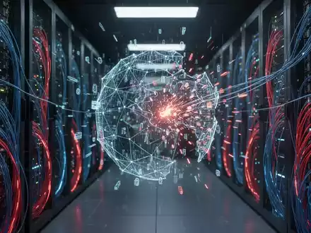 Abstrakte Darstellung eines digitalen Netzwerks mit leuchtenden Datenfragmenten in einem hochmodernen Serverraum. - Foto: über boerse-global.de