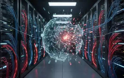 Abstrakte Darstellung eines digitalen Netzwerks mit leuchtenden Datenfragmenten in einem hochmodernen Serverraum. - Foto: über boerse-global.de