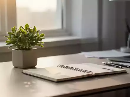 Ein minimalistischer, heller Arbeitsplatz mit einer Pflanze und einem Notizbuch, der eine ruhige und ausgeglichene Atmosphäre ausstrahlt. - Foto: über boerse-global.de