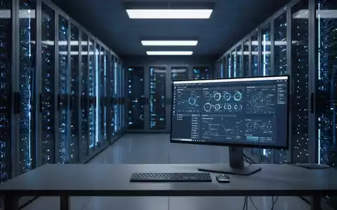 Moderner, schwach beleuchteter Serverraum mit blau leuchtenden Server-Racks und einer Workstation mit System-Dashboard. - Foto: über boerse-global.de
