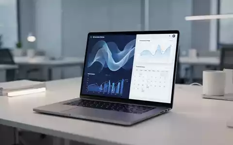 Moderner, minimalistischer Büroarbeitsplatz mit Laptop, der abstrakte Datenvisualisierung und Kalenderoberflächen zeigt. - Foto: über boerse-global.de
