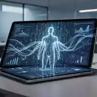 Abstrakte Darstellung eines Tablets mit Datenströmen und einer menschlichen Silhouette in einem modernen Büro. - Foto: über boerse-global.de