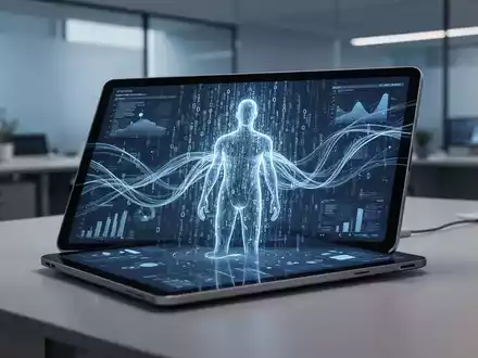 Abstrakte Darstellung eines Tablets mit Datenströmen und einer menschlichen Silhouette in einem modernen Büro. - Foto: über boerse-global.de