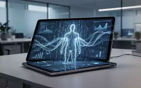Abstrakte Darstellung eines Tablets mit Datenströmen und einer menschlichen Silhouette in einem modernen Büro. - Foto: über boerse-global.de