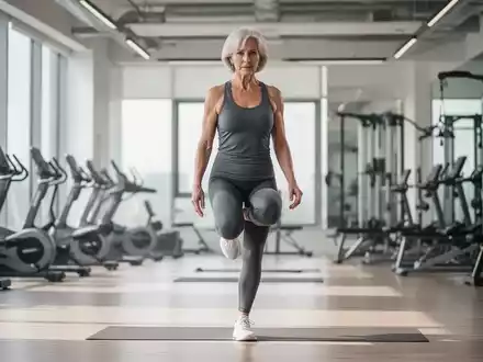 Eine sportliche Frau über 50 führt in einem hellen Studio funktionelle Stehübungen für einen stabilen Rumpf aus. - Foto: über boerse-global.de
