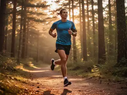 Eine sportlich aktive Person beim Joggen auf einem Waldweg im warmen Licht, um Vitalität und Bewegung darzustellen. - Foto: über boerse-global.de