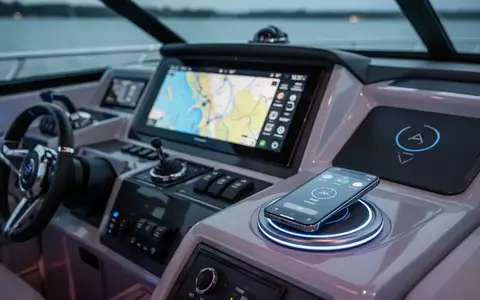 Modernes Luxus-Boot-Cockpit mit digitalem Navigationsdisplay und per drahtloser Schnittstelle verbundenem Smartphone. - Foto: über boerse-global.de