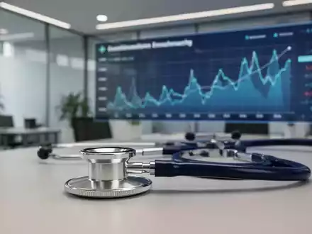 Modernes Büro einer Krankenkasse mit einem Stethoskop und Finanzdiagrammen im Hintergrund. - Foto: über boerse-global.de