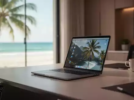 Ein Laptop auf einem Schreibtisch vor einem Fenster mit Blick auf einen tropischen Strand, symbolisch für das Arbeiten im Ausland. - Foto: über boerse-global.de