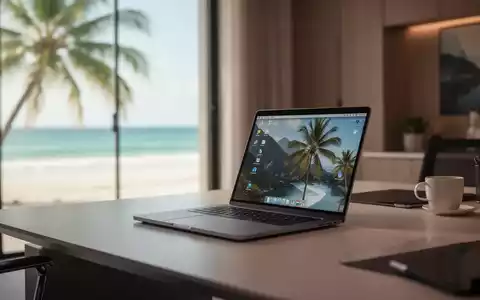 Ein Laptop auf einem Schreibtisch vor einem Fenster mit Blick auf einen tropischen Strand, symbolisch für das Arbeiten im Ausland. - Foto: über boerse-global.de
