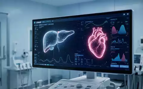 Ein digitaler Monitor zeigt abstrakte medizinische Daten zur Leber- und Herzgesundheit in einem klinischen Umfeld. - Foto: über boerse-global.de