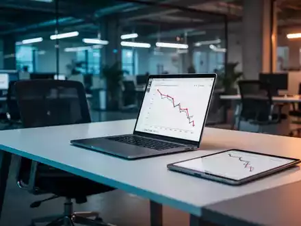 Ein leerer Büroarbeitsplatz mit einem Tablet, das einen Abwärtstrend anzeigt, vor dem Hintergrund einer modernen Industrieumgebung. - Foto: über boerse-global.de
