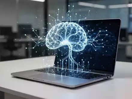 Ein moderner Apple-Laptop auf einem Schreibtisch mit einer abstrakten Visualisierung lokaler KI-Verarbeitung darüber. - Foto: über boerse-global.de